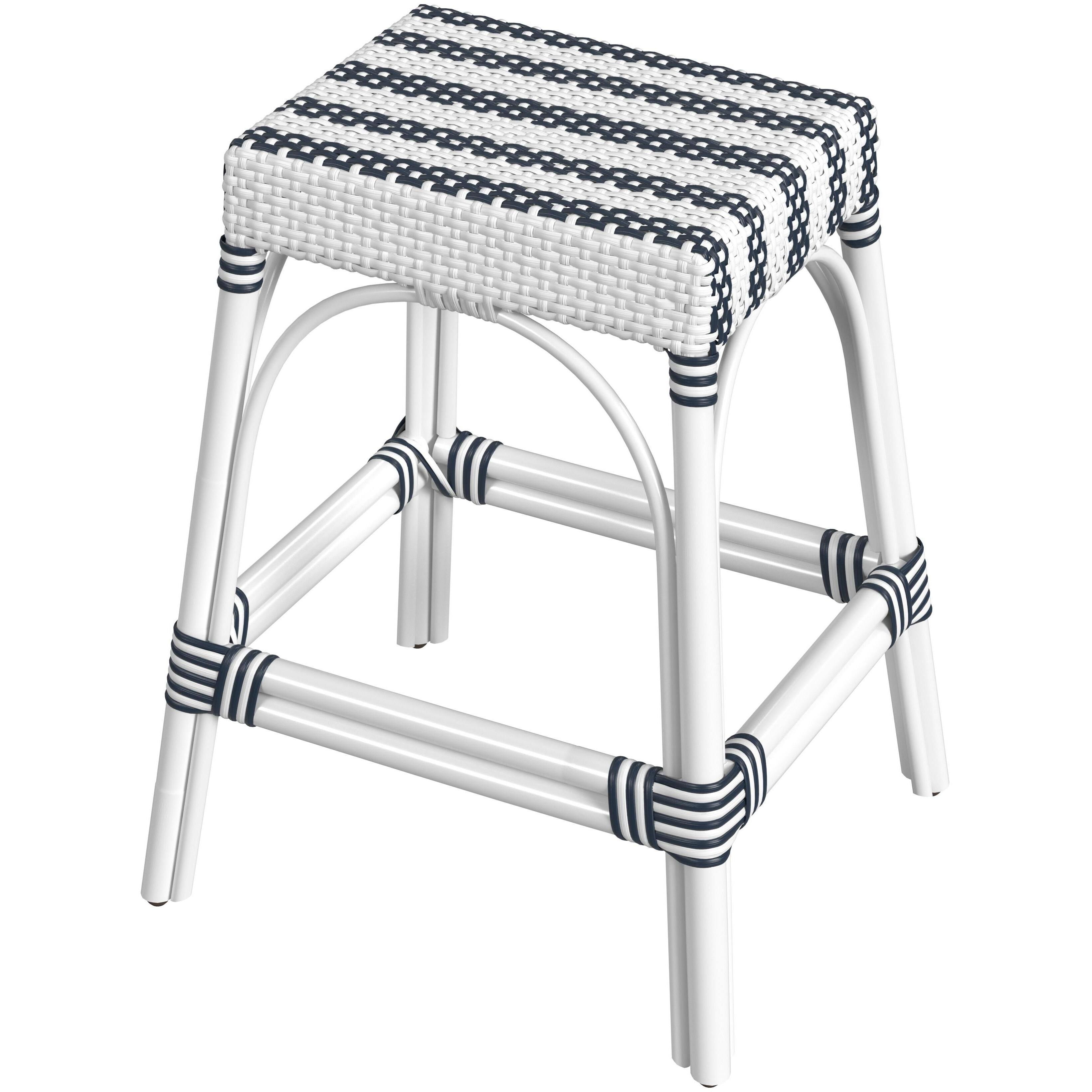 Robias Rectangular Rattan 24.5" Counter Stool in White and Navy Stripe