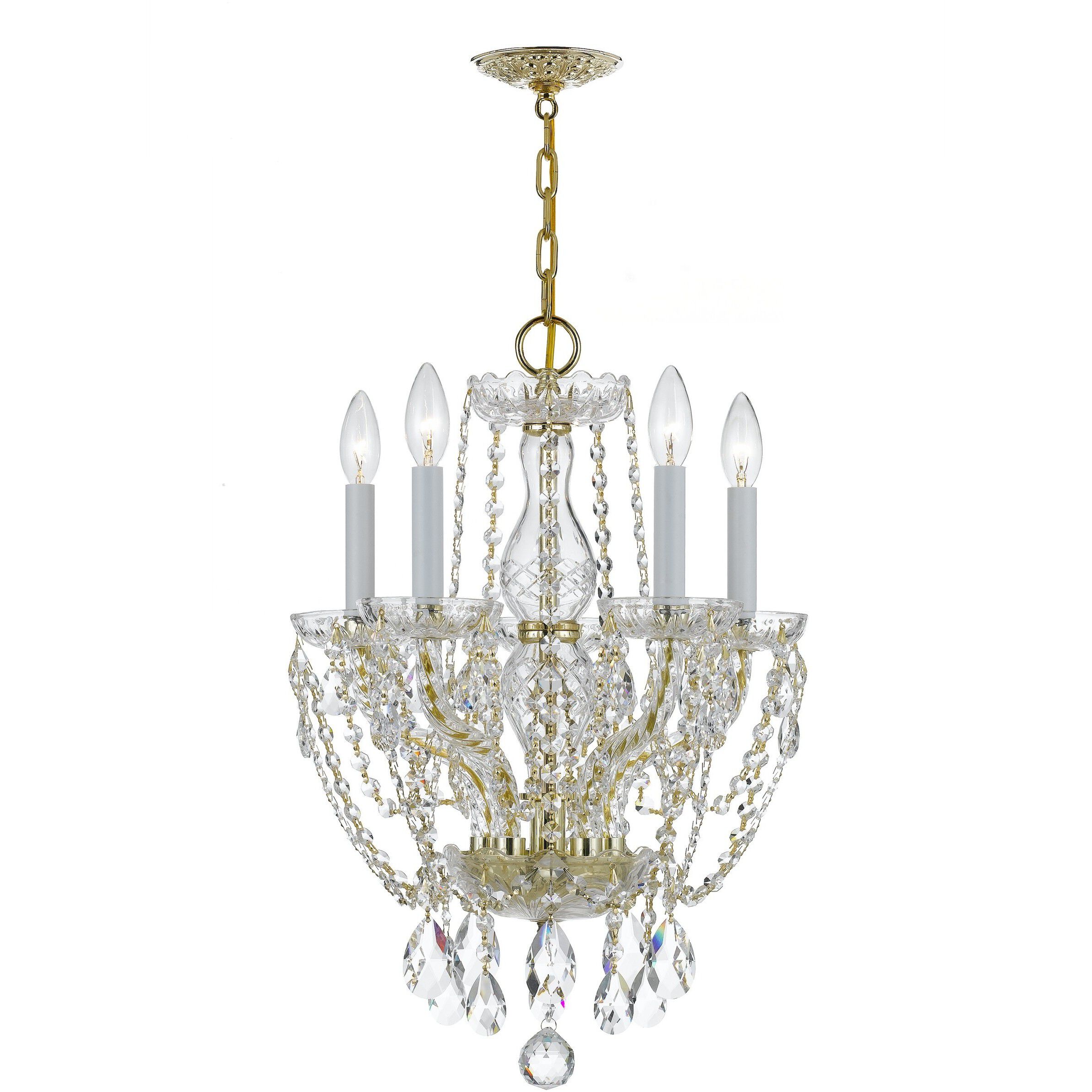 Traditional Crystal 5 Light 14 inch Polished Brass Mini Chandelier Ceiling Light in Clear Hand Cut