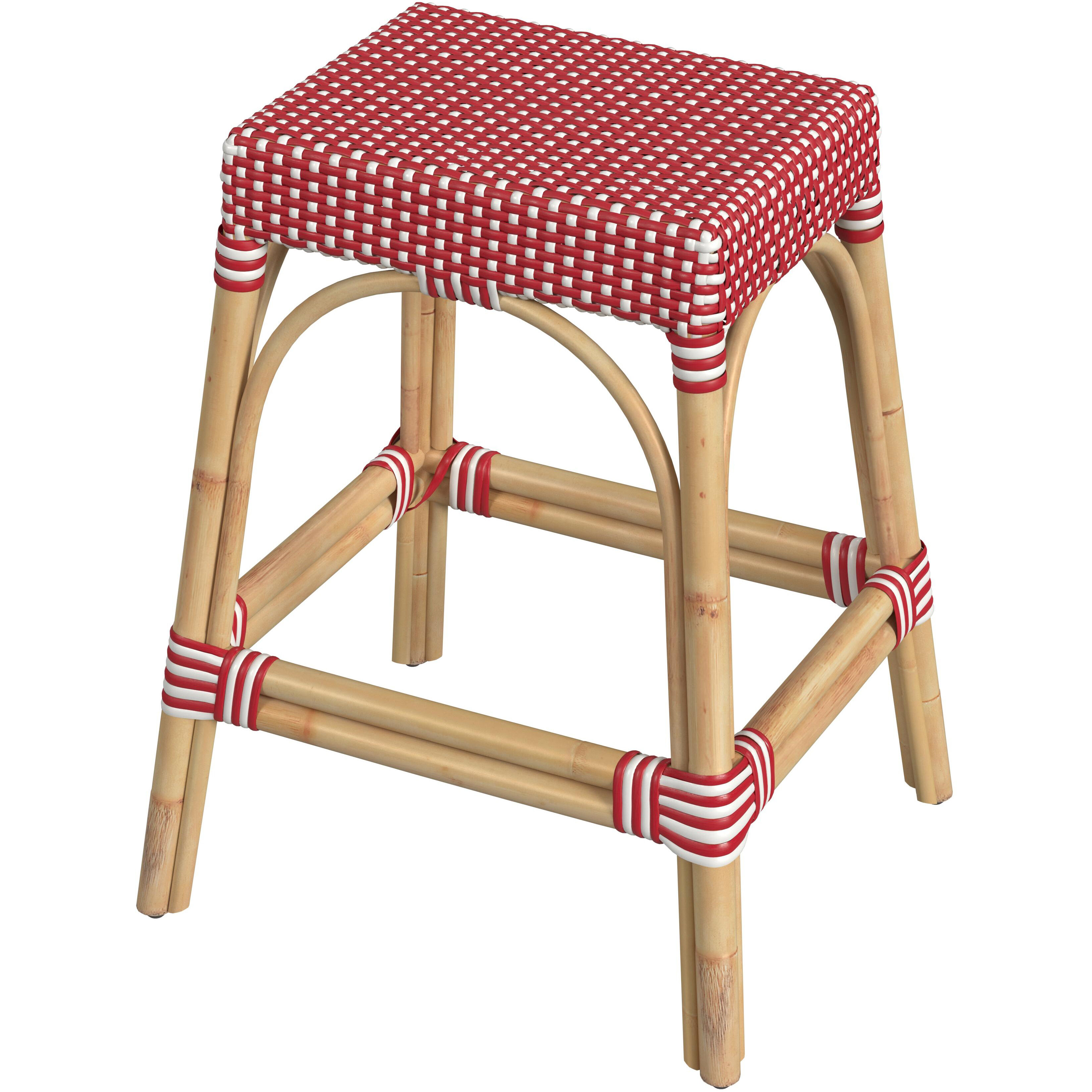Robias Rectangular Rattan 24.5" Counter Stool in Red and White Dot
